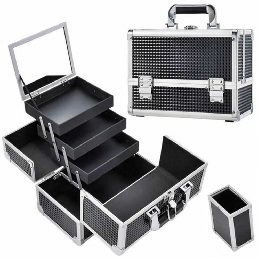 New 11.8In Shiny Black Makeup Case, 3-Tray Lockable Organizer with Mirror & Lid